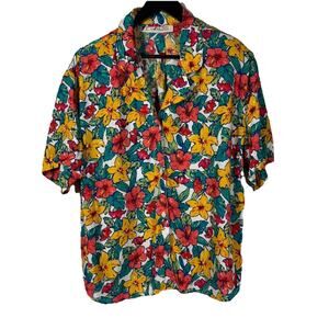 Vintage Floral Red Yellow Shirt Blouse Shirt Top Chaus Short Sleeve 80s Colorful